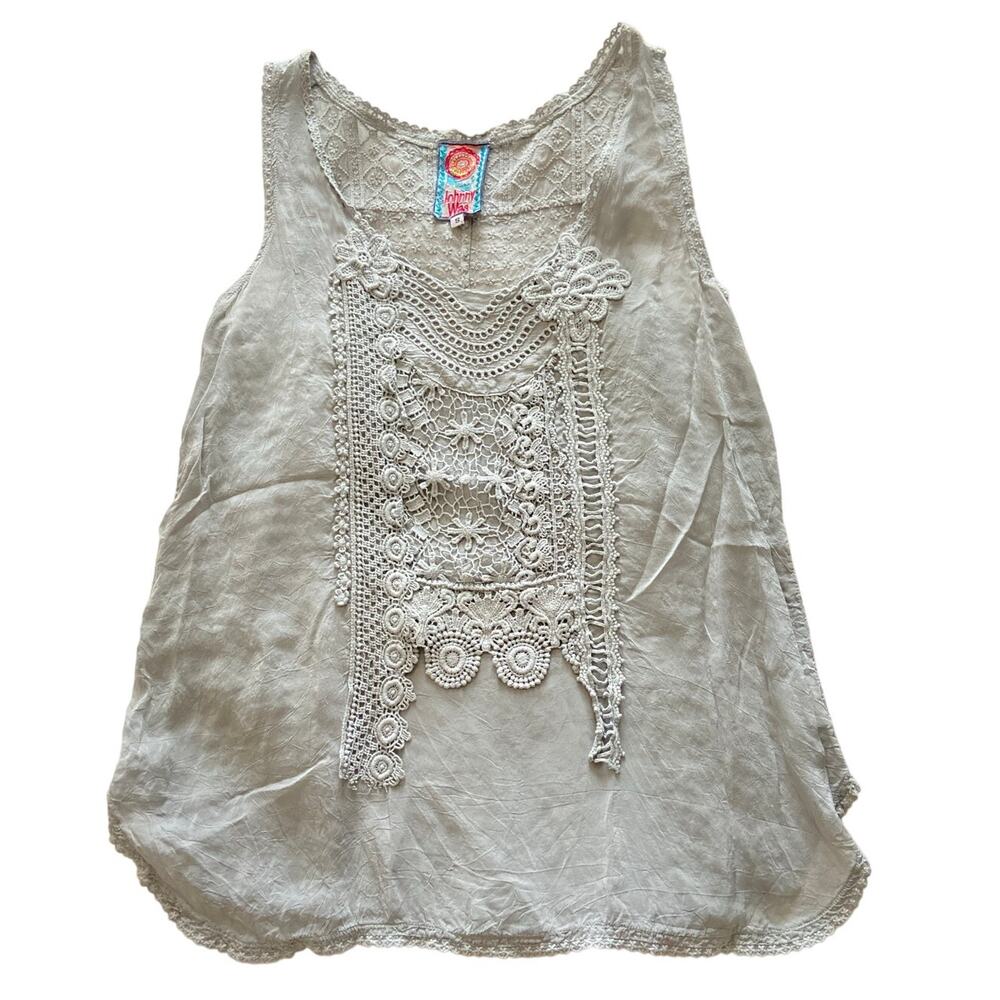 Johnny Was Embroidered Crochet Floral Lace Sheer Back Tank Top Gray Size Small